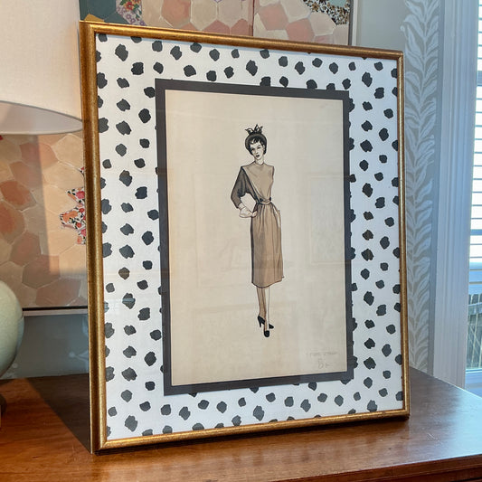 Catherine Figart Vogue Watercolor Fashion Illustration on Black and White Animal Print in Gold Frame