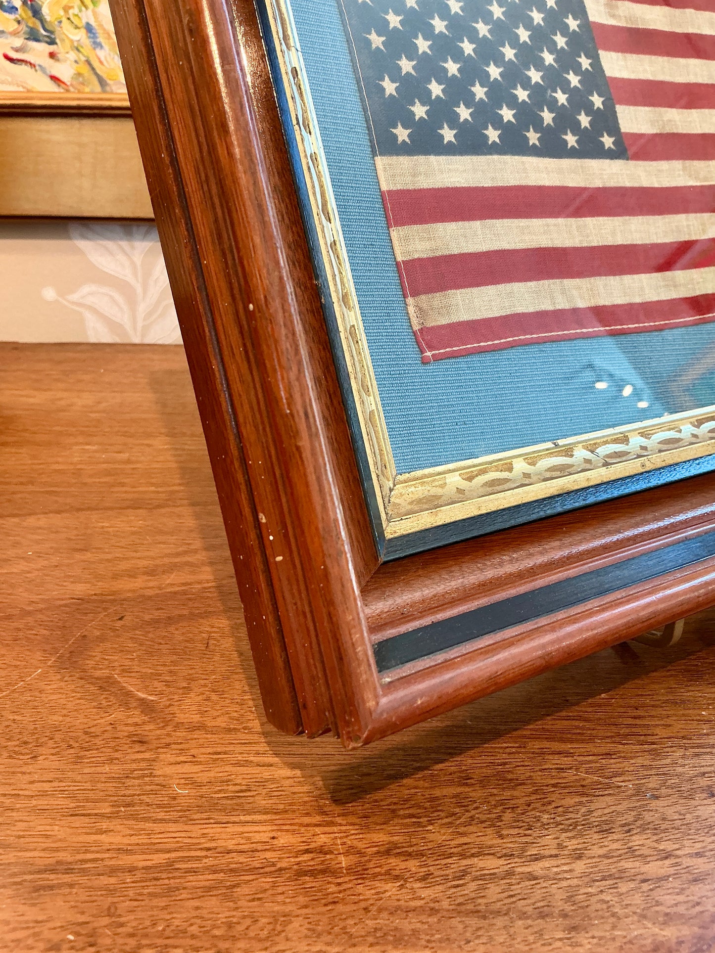 Vintage 50 Star American Flag on French Blue Twill in 19th Century Wood Frame with Gilded Liner