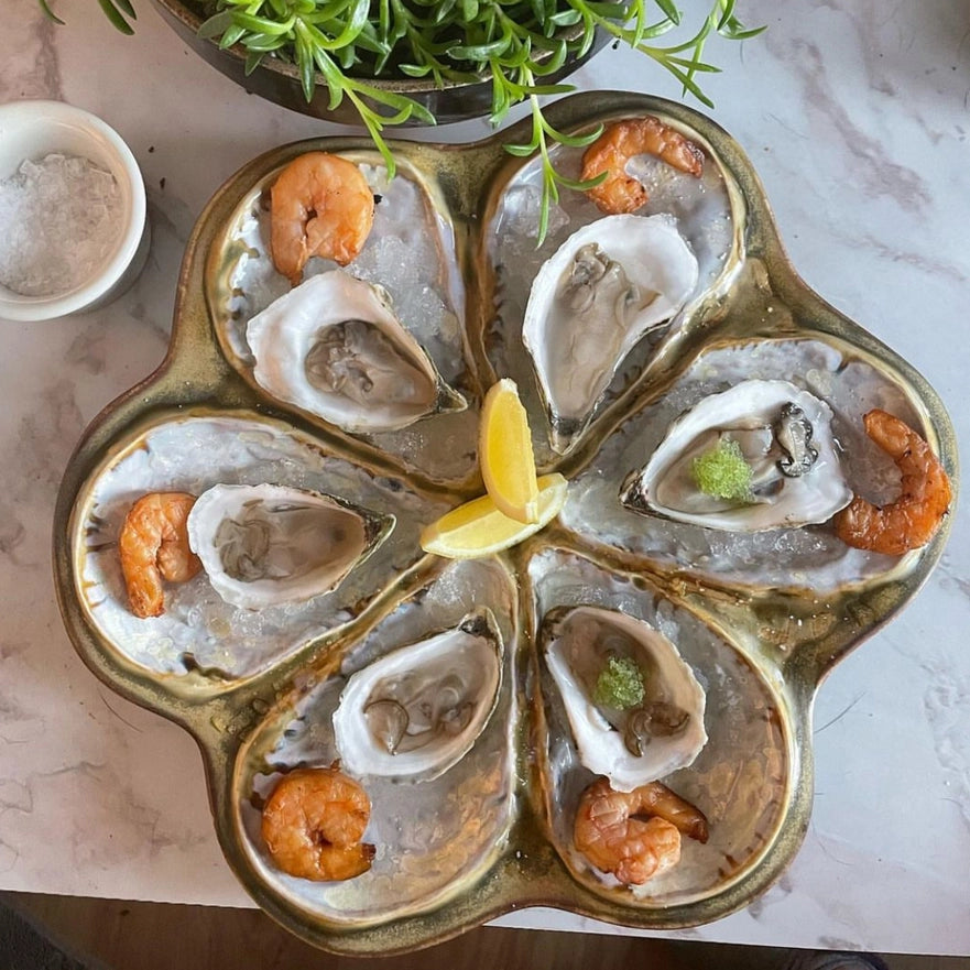 Alison Evans Handmade in Maine Traditional Oyster Platter Plate in Abalone and Tortoise