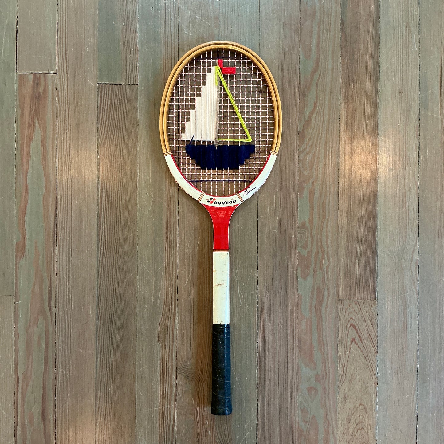 Vintage Embroidered Navy Sailboat Tennis Racket