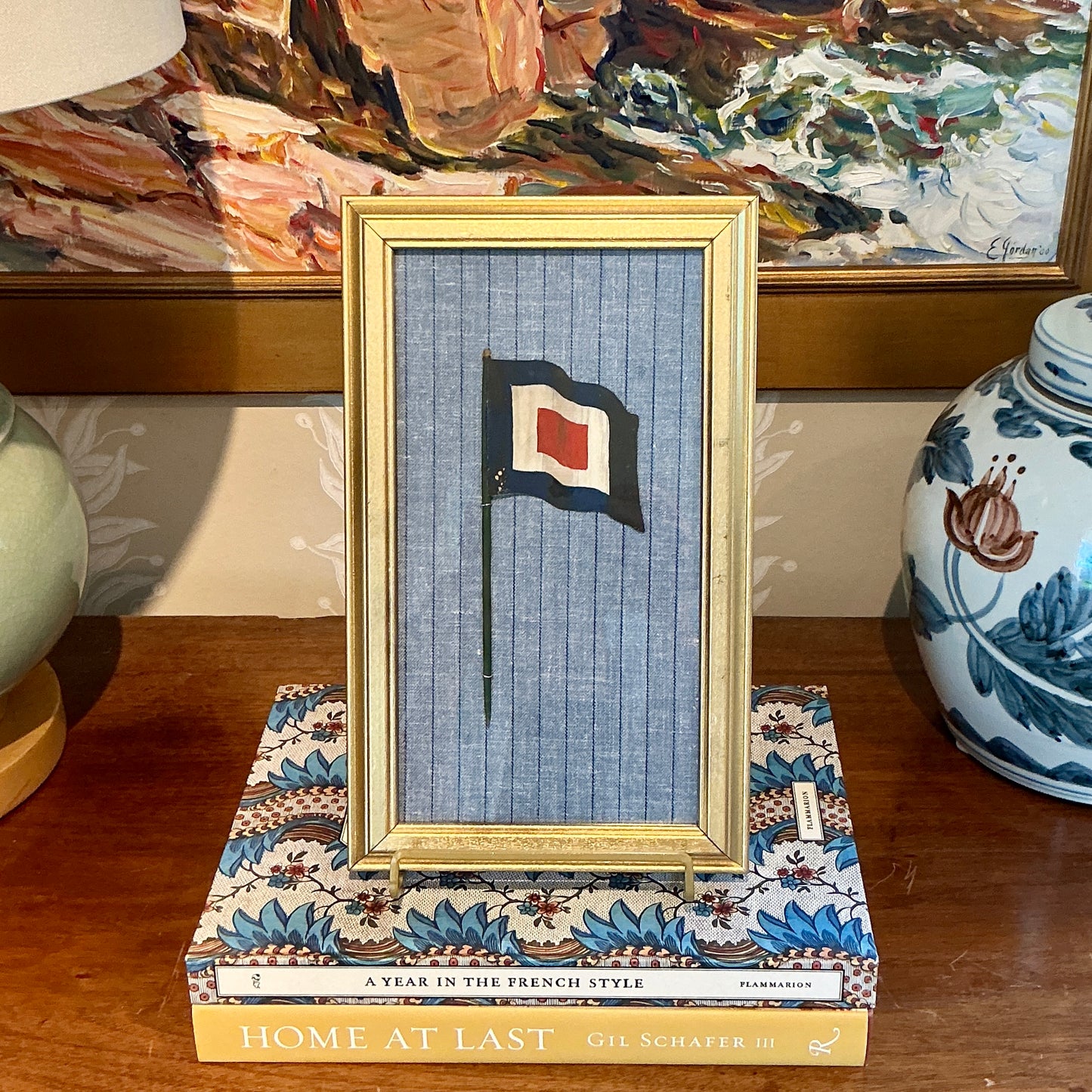 Antique 1905 Nautical Blue Red And White Flag Oil Painting on Blue in Gold Frame