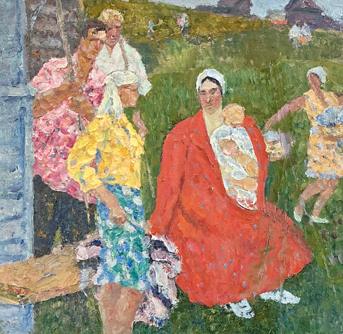 Mid Century The Summer Gathering Oil Painting In White Floater Frame
