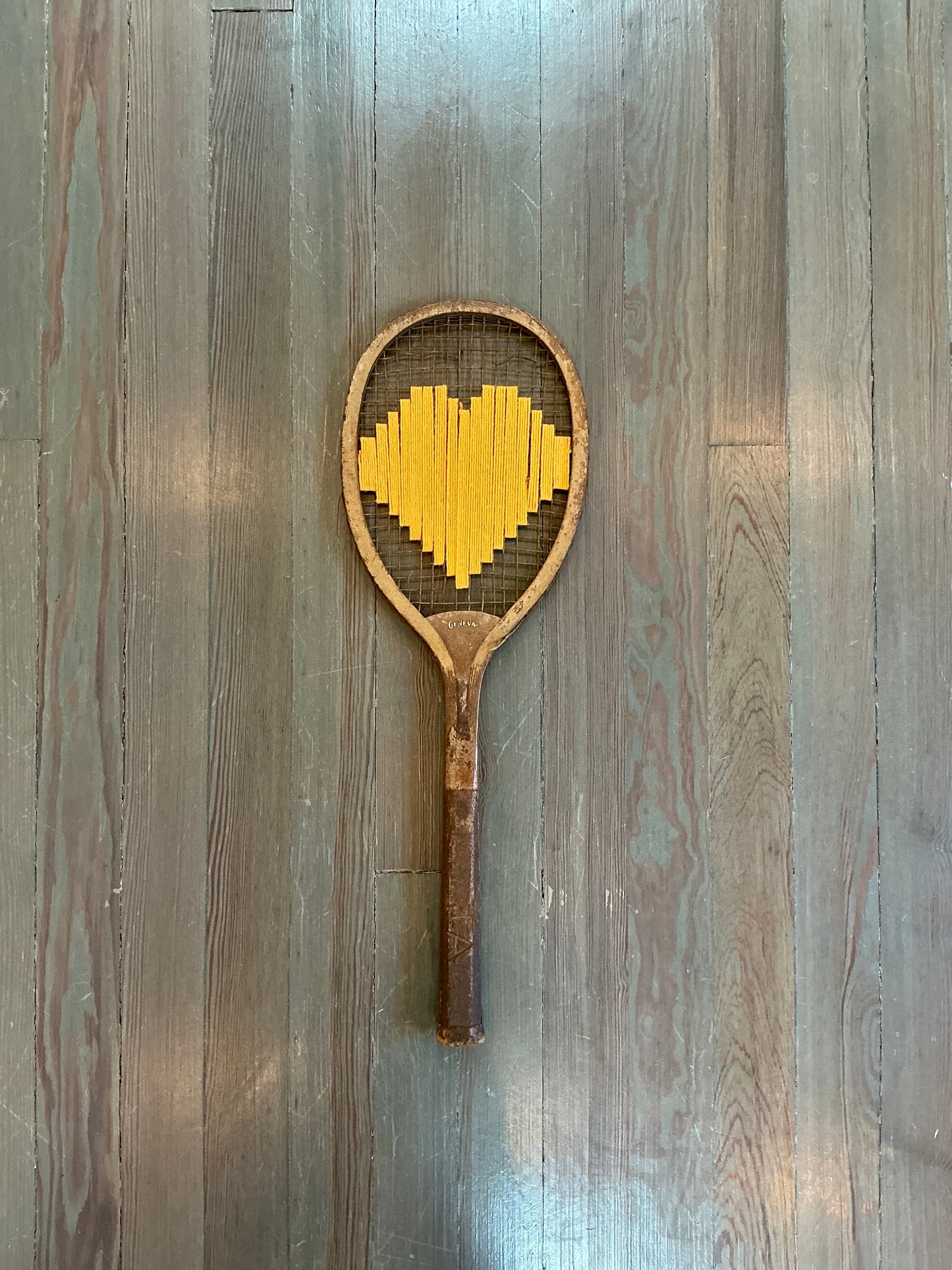 Vintage Embroidered Orange Heart Tennis Racket
