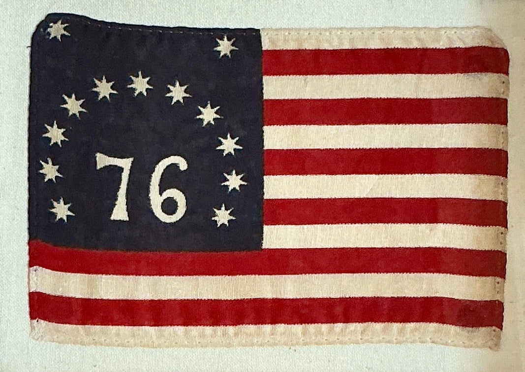 Vintage Bicentennial Bennington 13 Star American Flag on Ivory Duck Cloth in Antique Walnut Frame with Gilded Liner