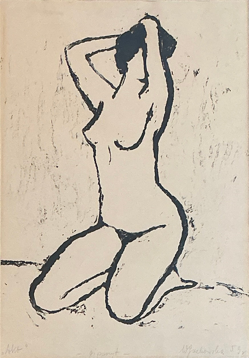 Wanda Telakowska Nude Female Woodcut Portrait in Gold Frame