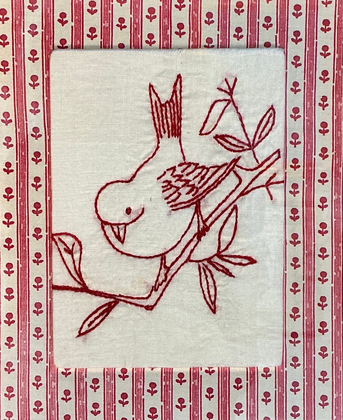 Antique Redwork Bird On Branch Embroidery in Pink Floral Brunschwig & Fils Wrapped Mat in Gold Frame