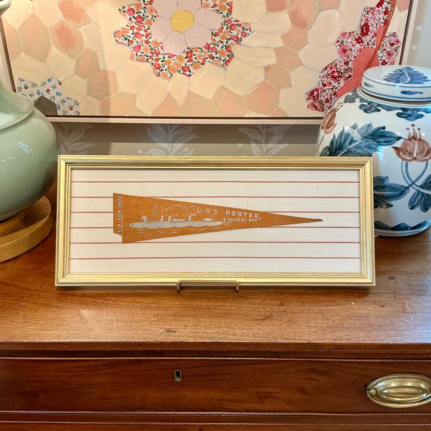 Vintage U.S.S. Porter Naval Ship Wool Pennant on Orange and White Stripes in Gold Frame