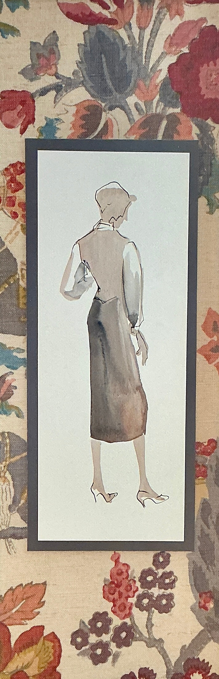 Catherine Figart Vogue Watercolor Fashion Illustration on Schumacher Persian Lancer Linen in Gold Bamboo Frame