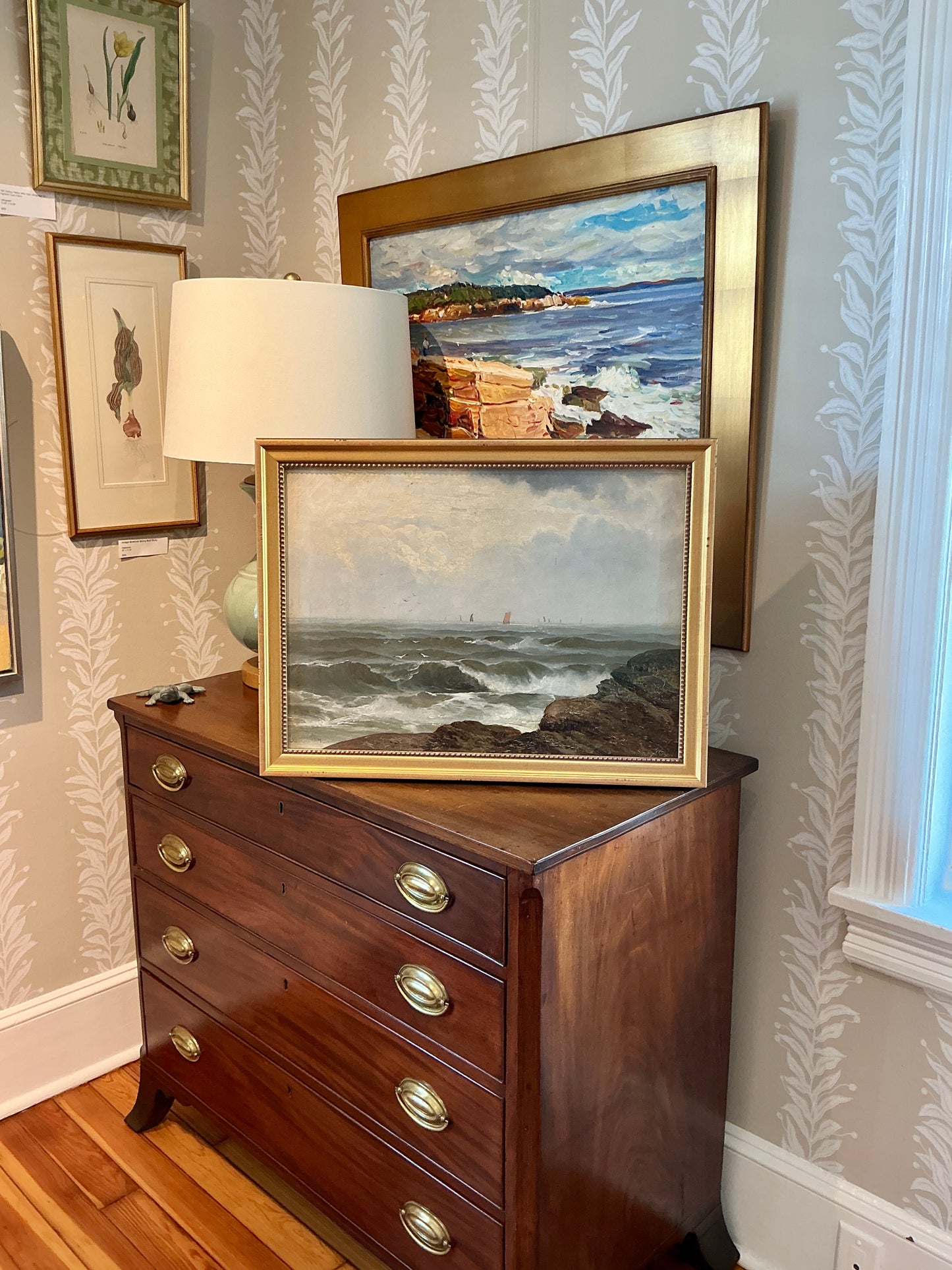 Clarence Henry Roe 19th Century Red Sail Sailboats in Seascape Oil Painting in Gold Frame