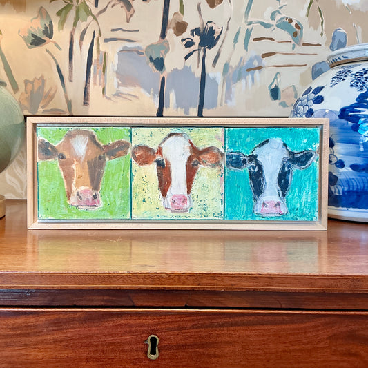 Carol Lesher Cow Trio 2 Portrait Oil Painting in Wood Frame