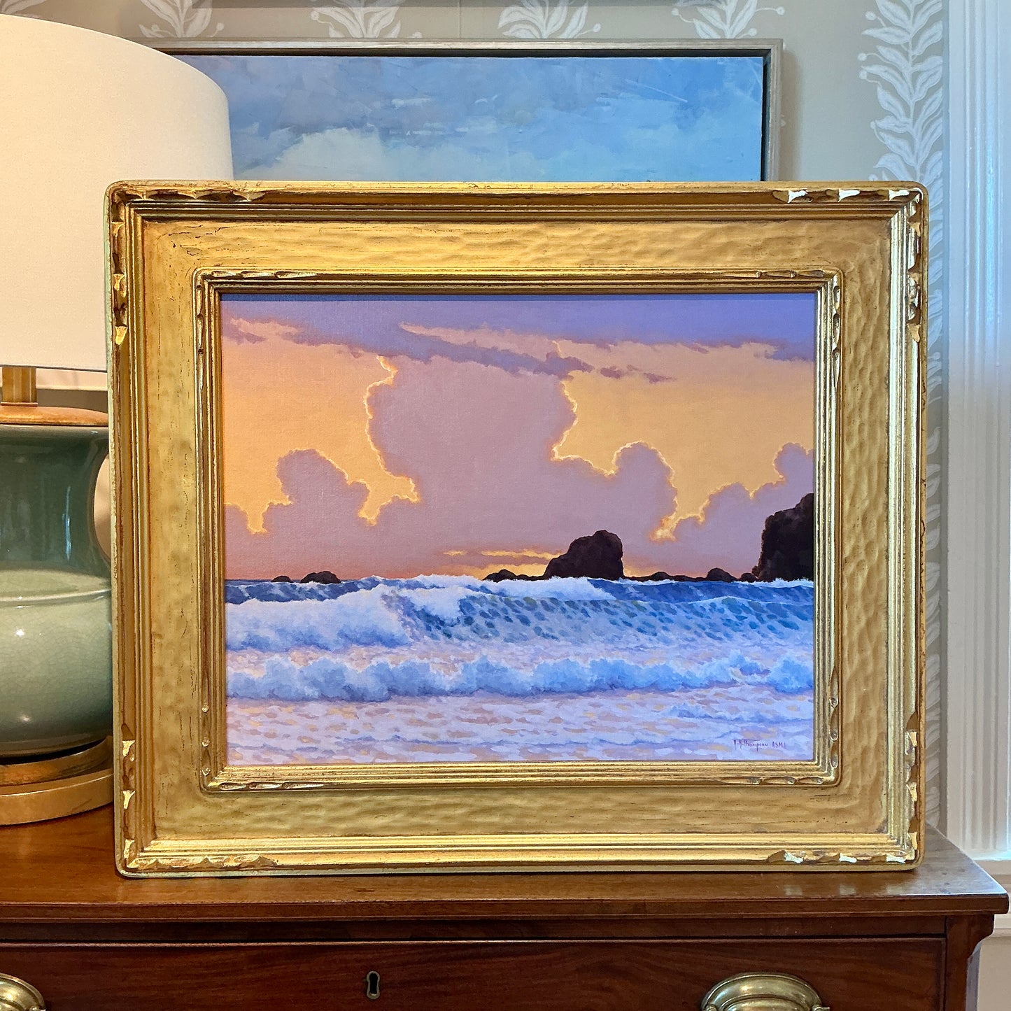 Anthony R. Thompson Sunset Quepos Seascape Oil Painting in Ornate Gold Frame