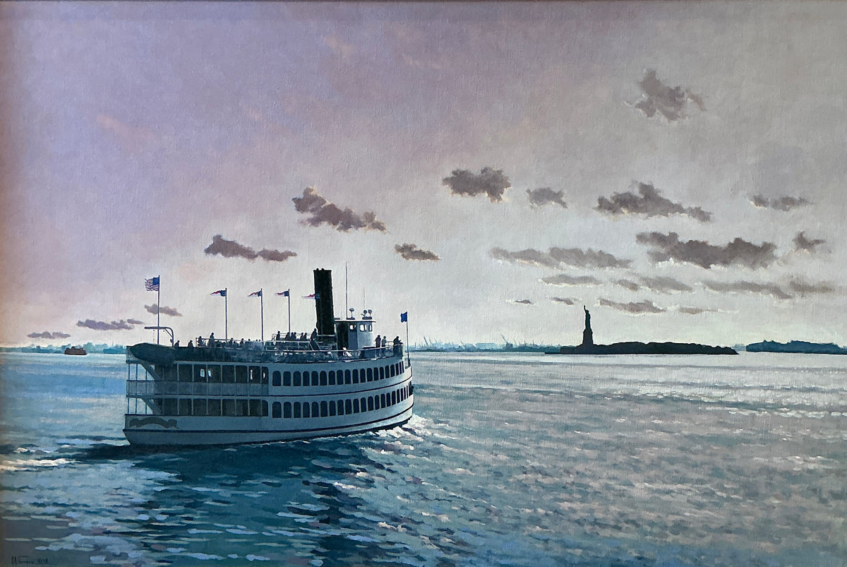 Anthony R. Thompson Harbor Cruise Statue of Liberty New York City Ellis Island Oil Painting in Gold Frame