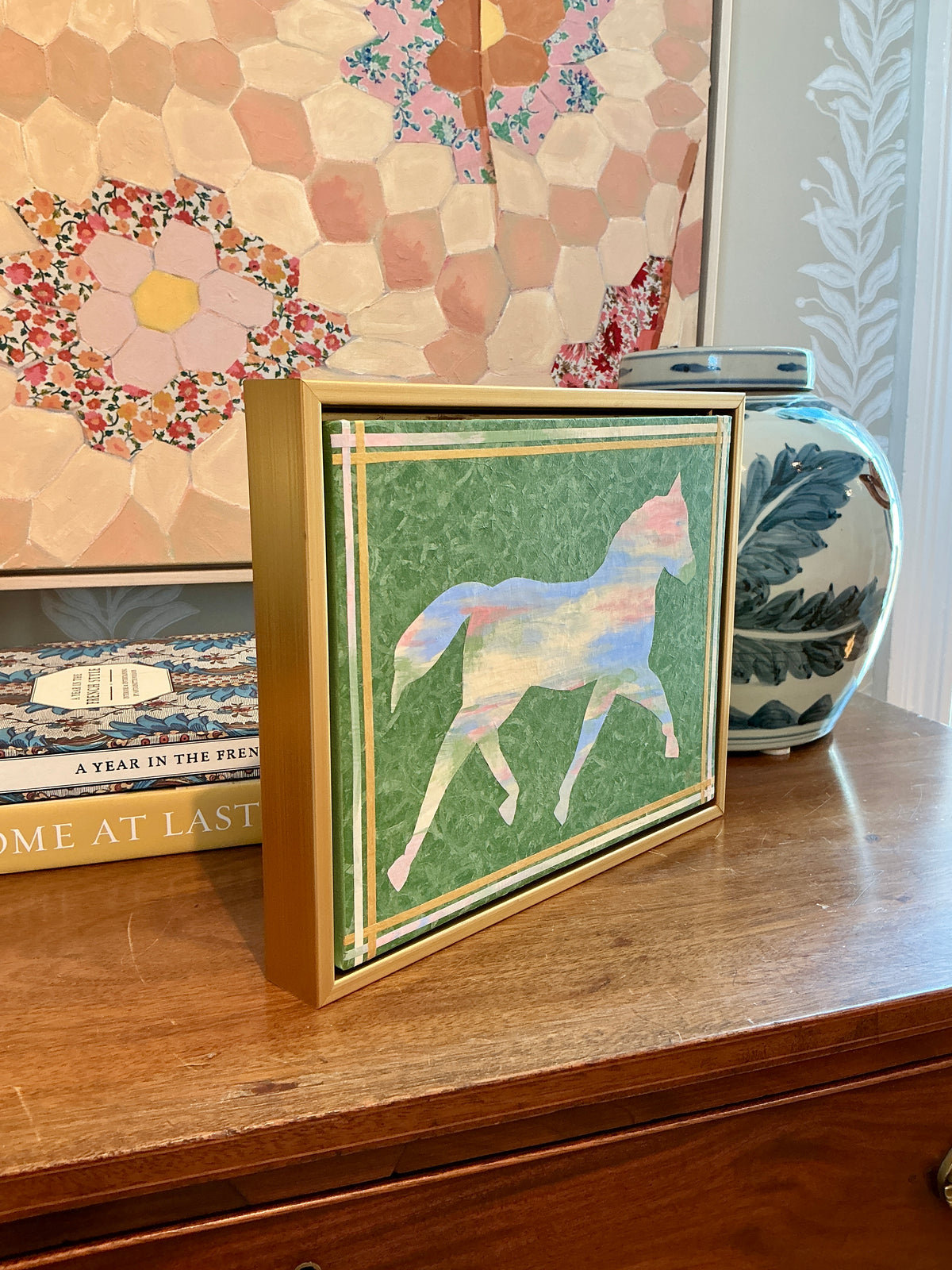 Heather Carey Field Day Horse Portrait Mixed Media in Gold Floater Frame