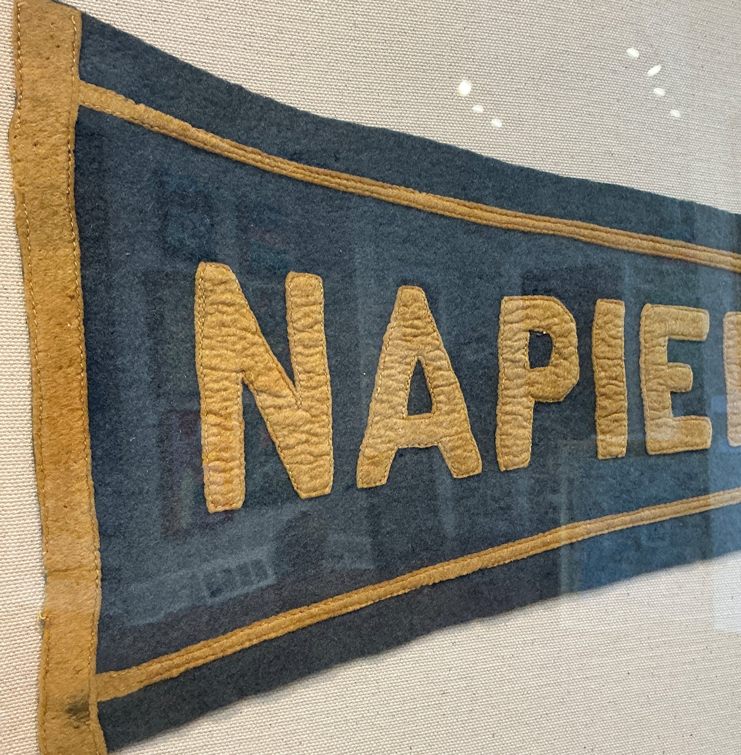 Antique 1920s Napierville, Quebec Pennant on Ivory Duck Cloth in Gold Frame