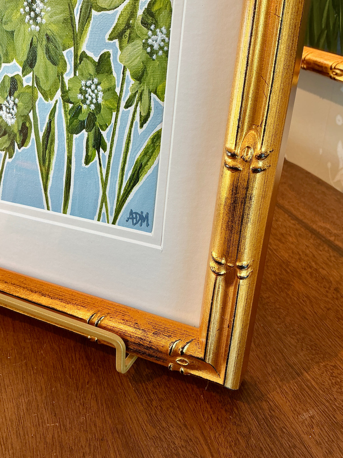Alison Diamond McElroy Salt Meadow II Abstract Floral Painting in Gold Bamboo Frame