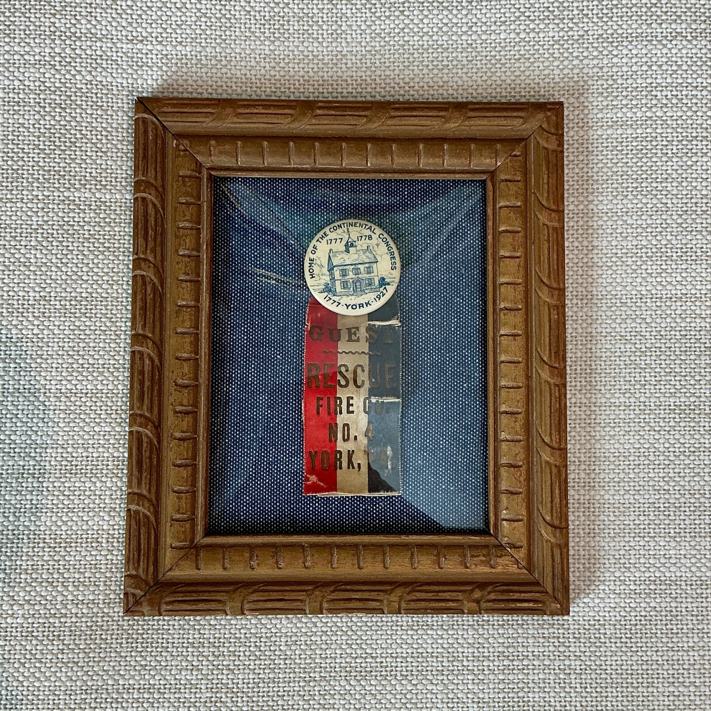 Vintage Fire Rescue York, PA Button and Ribbon on Blue Pique in Dark Gold Carved Frame