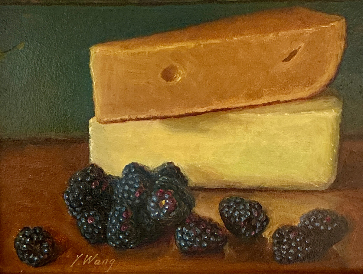 Youqing Wang Blackberries And Cheese Still Life Oil Painting in Gold Frame