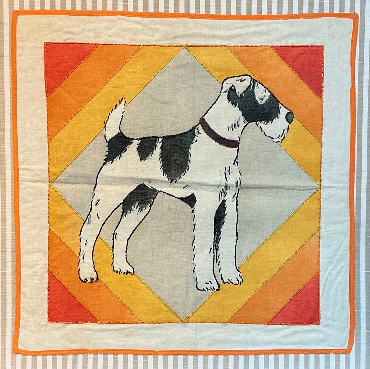 Vintage Handmade Wire Fox Terrier Embroidery on Taupe Stripes in Wood Frame