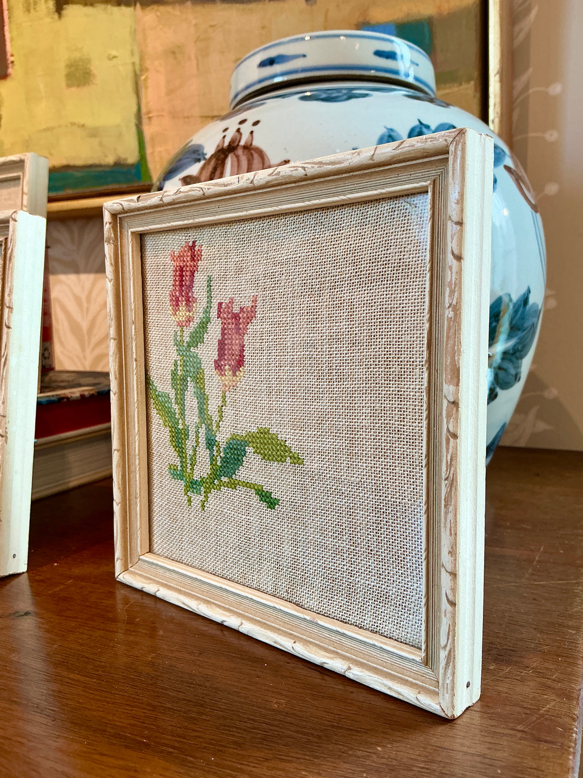 Set of Six Early 20th Century Floral Needlepoints in Carved Wood Frames