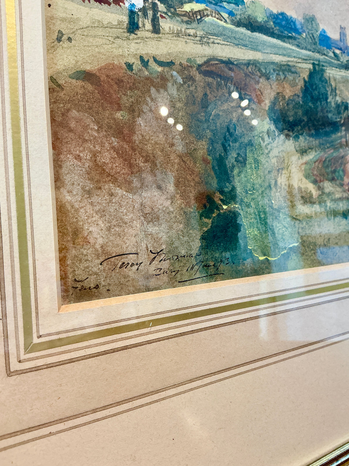 1893 Percy Thomas English Country Scene Landscape Watercolor Painting in Gold Frame