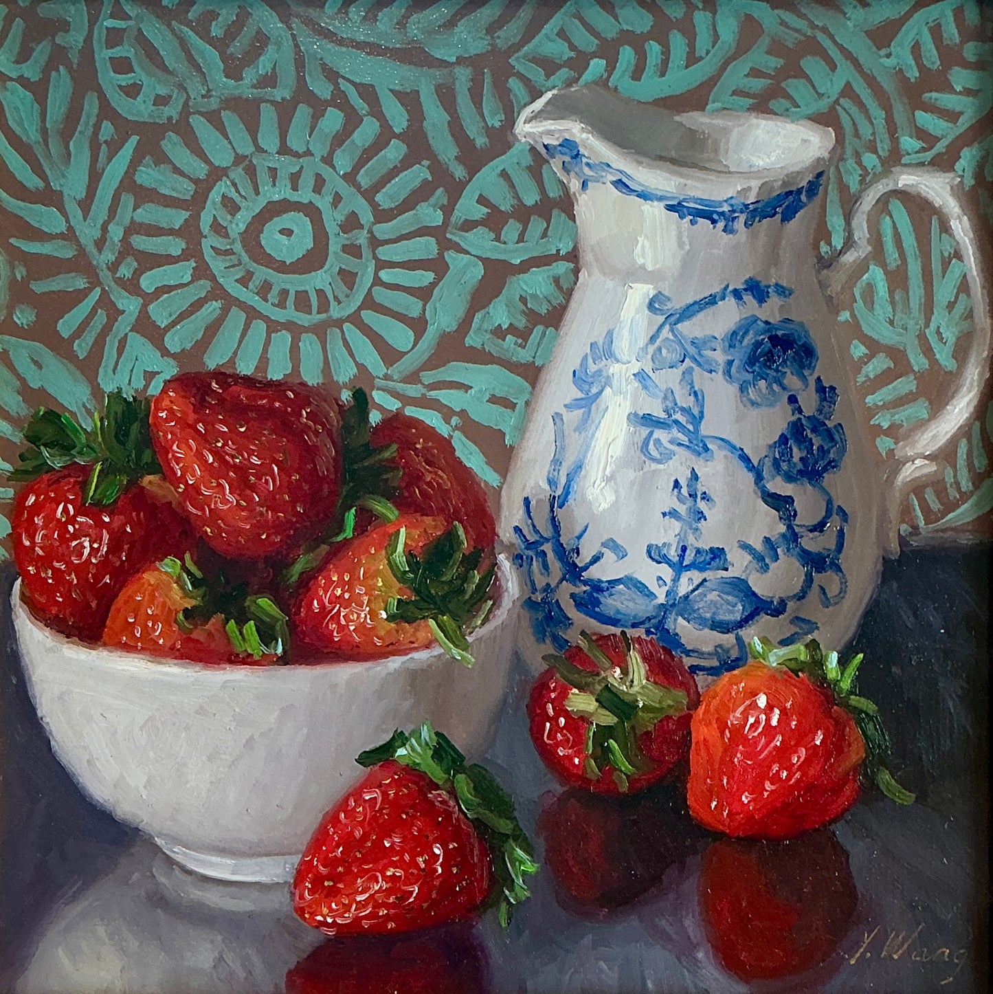 Youqing Wang Strawberries in White Bowl with Pitcher Still Life Oil Painting in Gold Frame