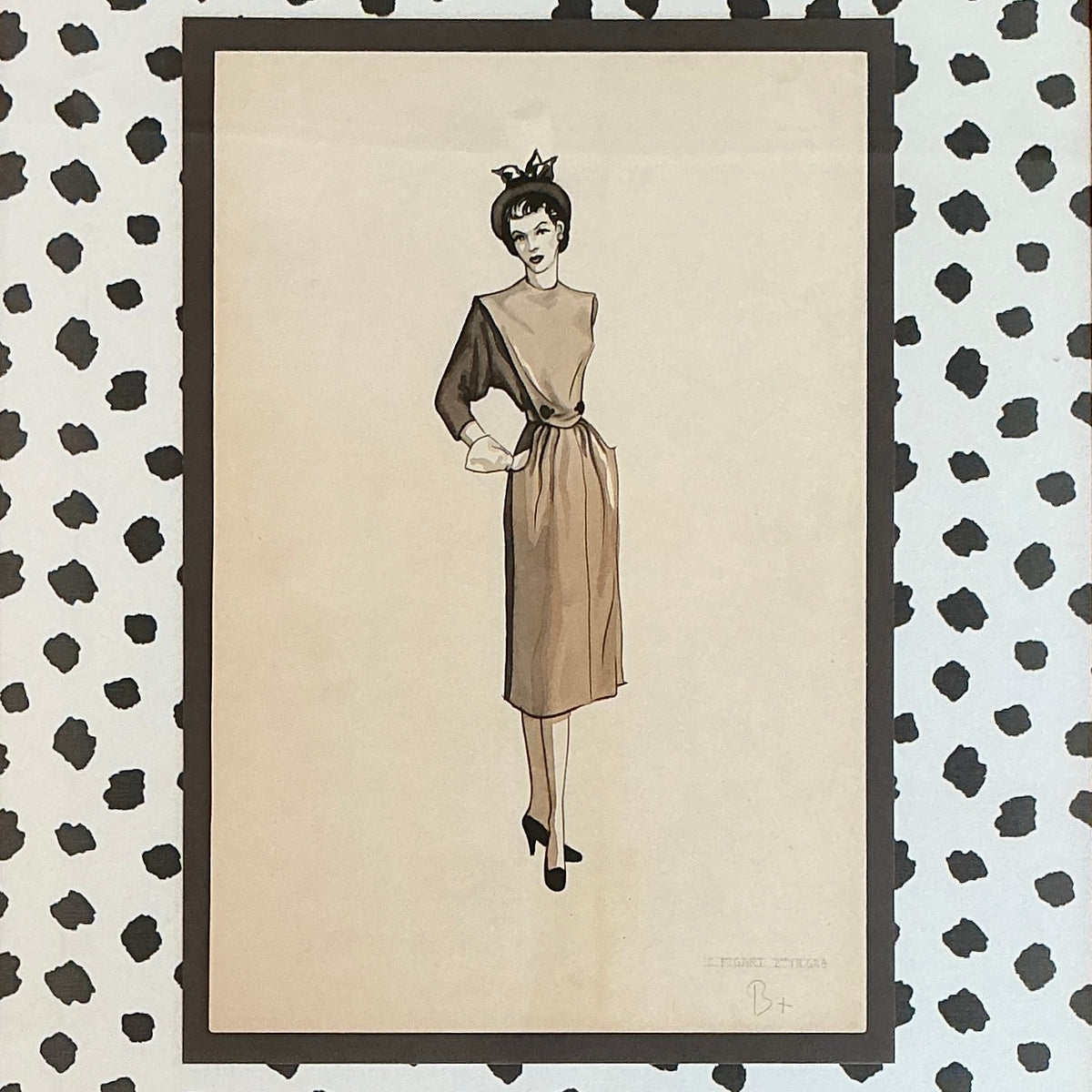 Catherine Figart Vogue Watercolor Fashion Illustration on Black and White Animal Print in Gold Frame