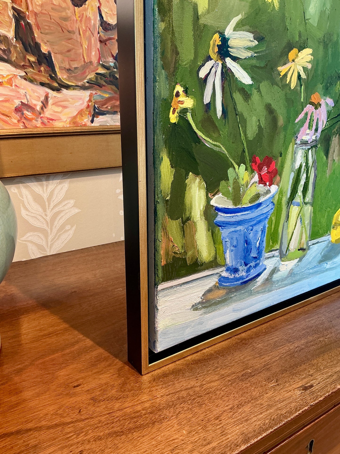 Gretchen McGinnis On The Window Sill Oil Painting in Gold Floater Frame
