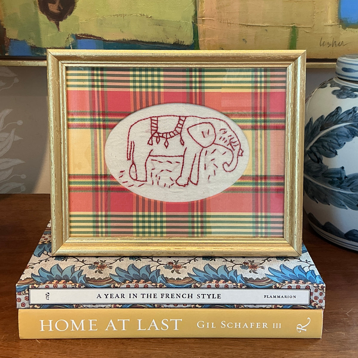 Antique Redwork Elephant Embroidery in Plaid Wrapped Mat in Gold Frame
