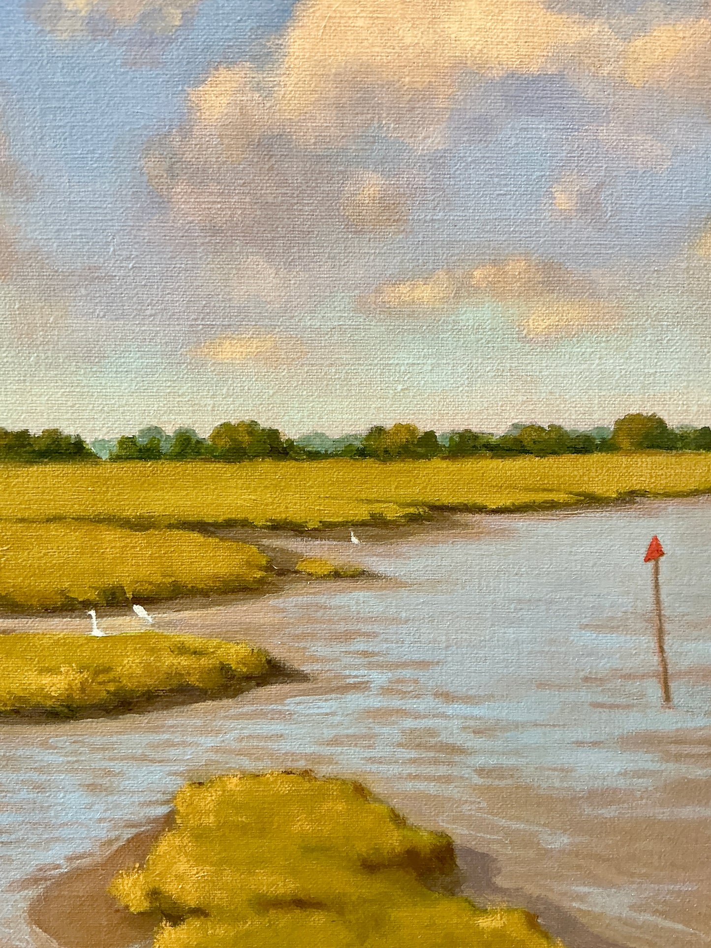 Anthony R. Thompson Village By A Marsh Coastal Landscape Oil Painting in Gold Frame