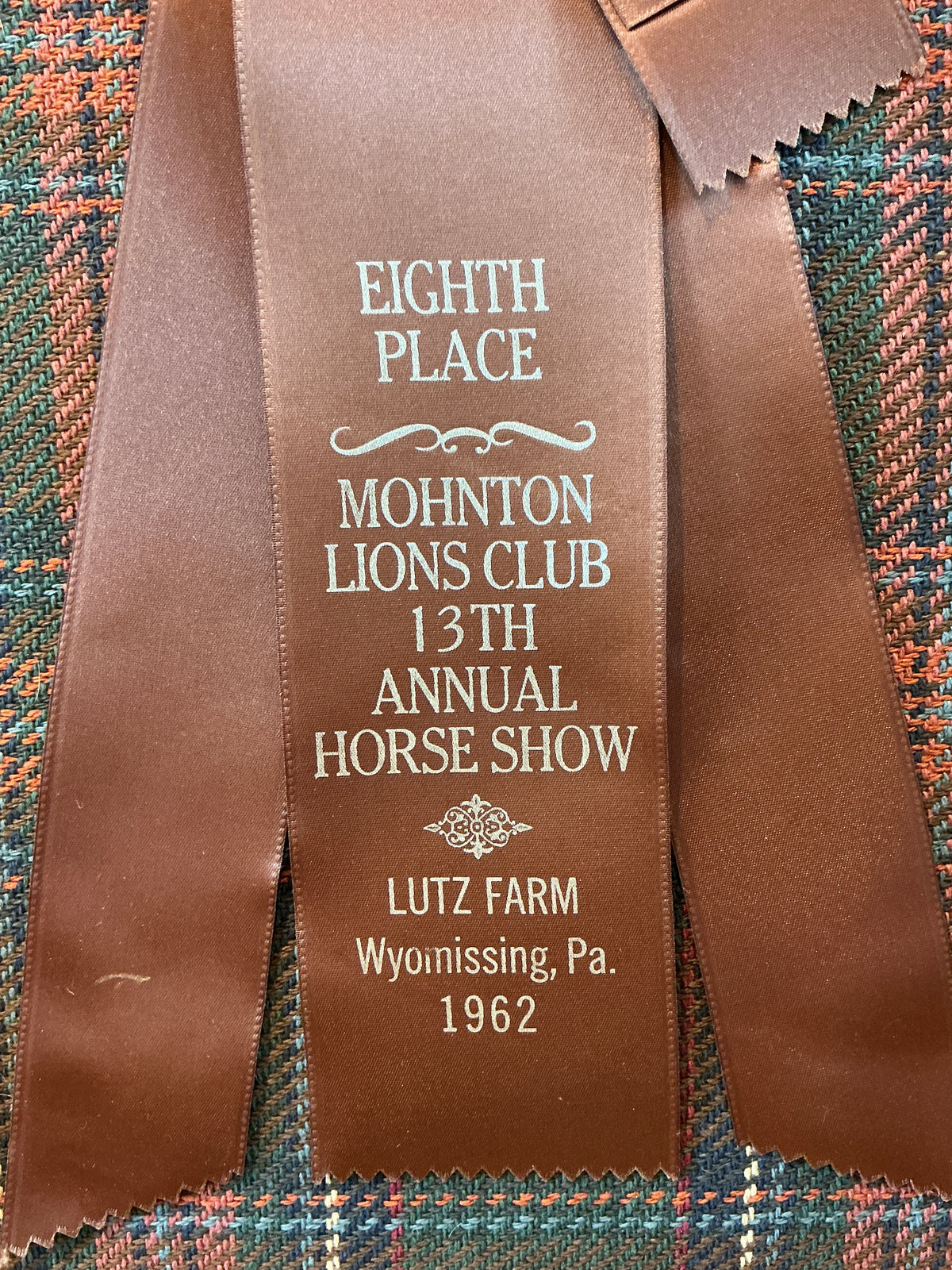 Vintage Mohnton Lions Club Horse Show Ribbon on Plaid in Gold Frame
