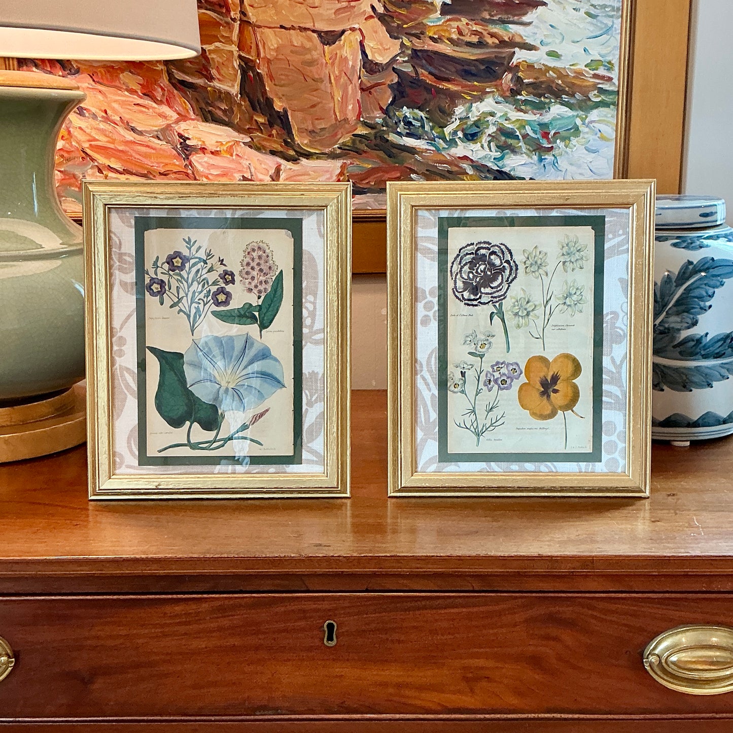 Pair Of Early 19th Hand Colored Botanical J & J Parkin Bookplates on Taupe Botanical Fabric in Gold Frames