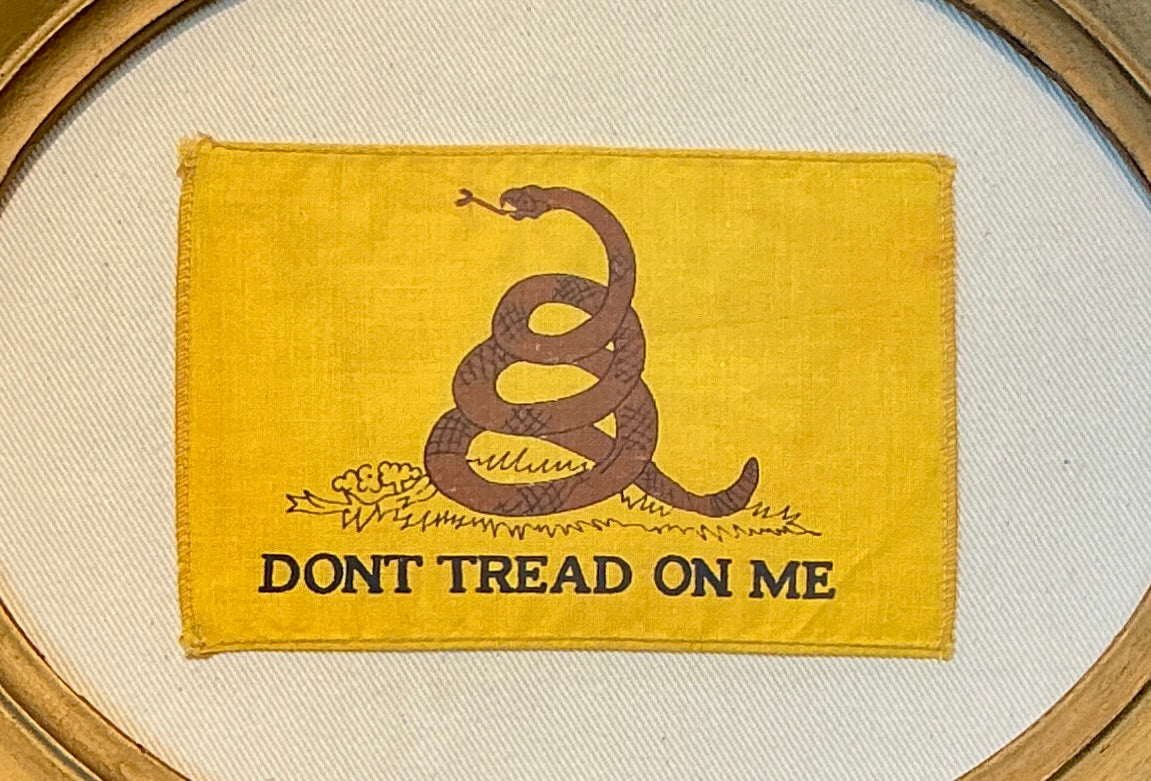 Vintage Gadsden Flag on Ivory Duck Cloth in Oval Dark Gold Frame