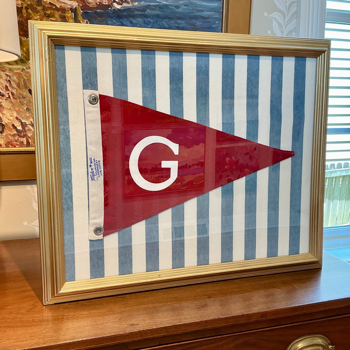 Vintage Red Canvas "G" Burgee Nautical Flag on Blue Stripes in Gold Frame