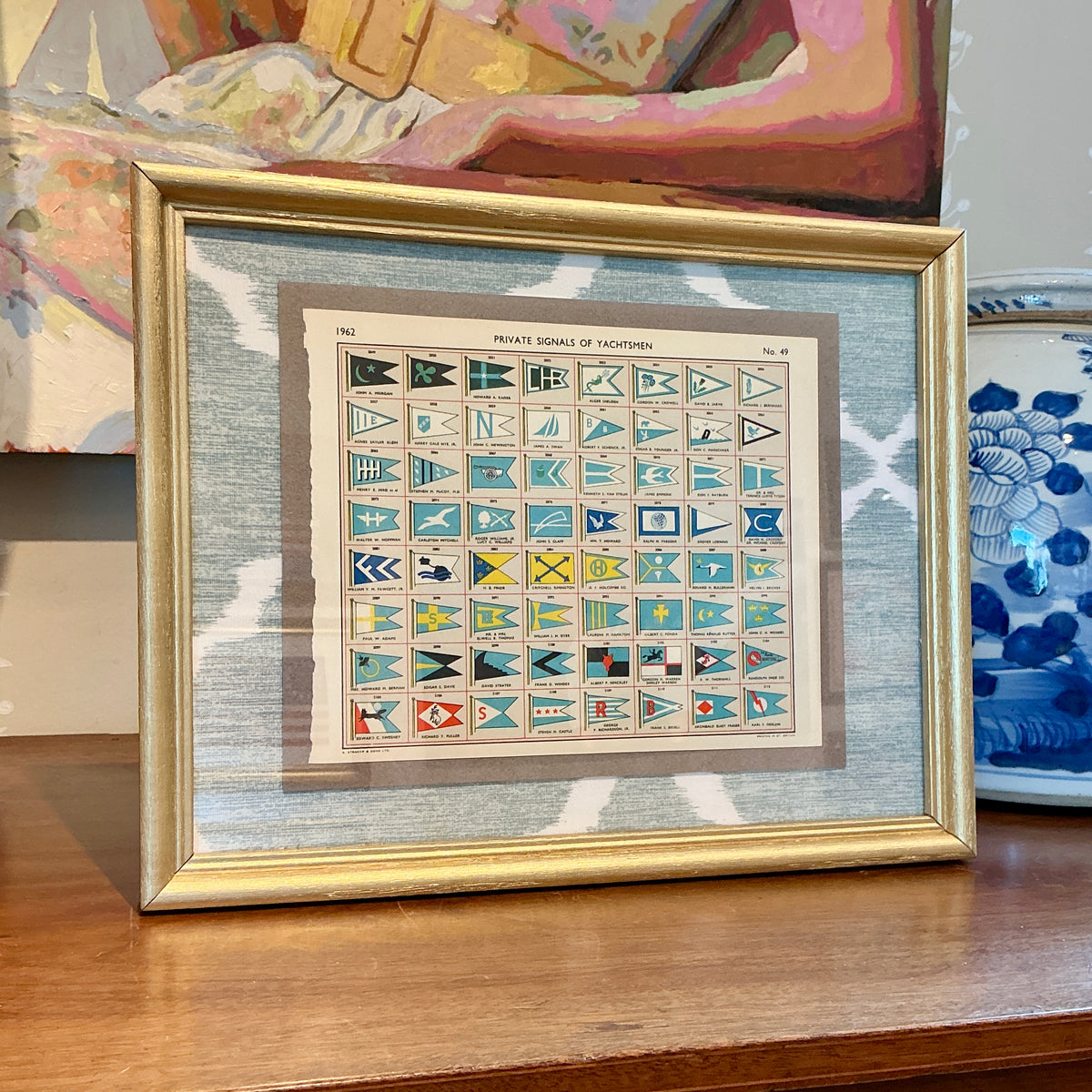 1962 Private Signals of Yachtsmen Flags on Seafoam and White Trellis Fabric in Gold Frame