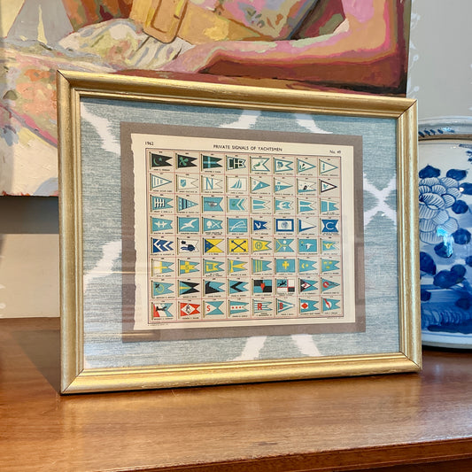 1962 Private Signals of Yachtsmen Flags on Seafoam and White Trellis Fabric in Gold Frame