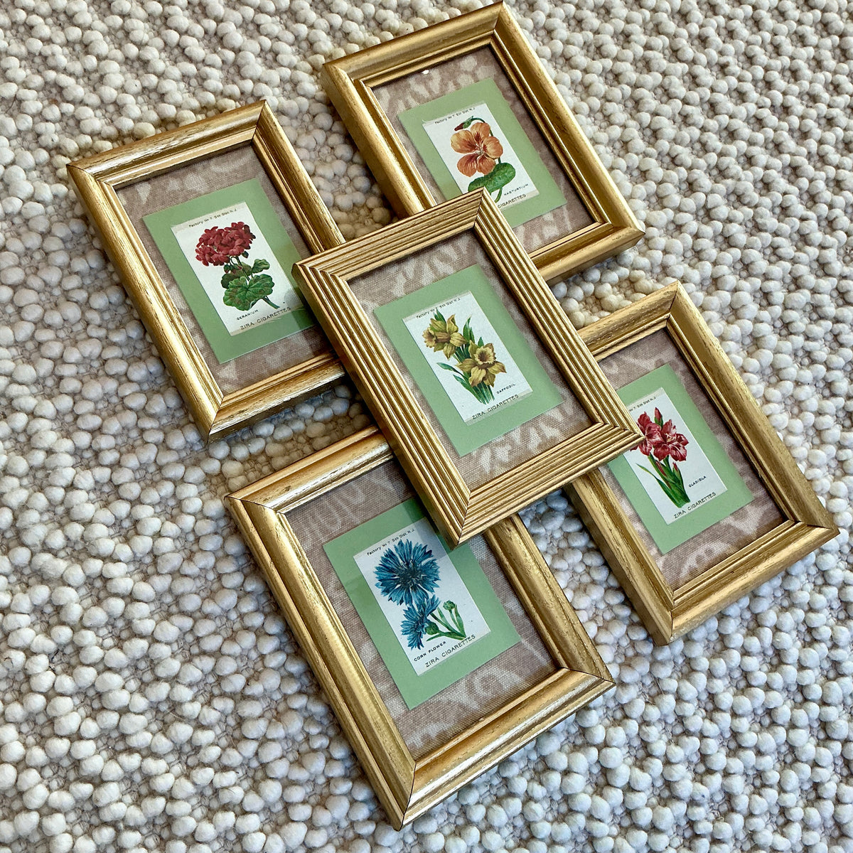 Set of Five Antique Floral Silks on Neutral Thibaut Fabric in Gold Frames