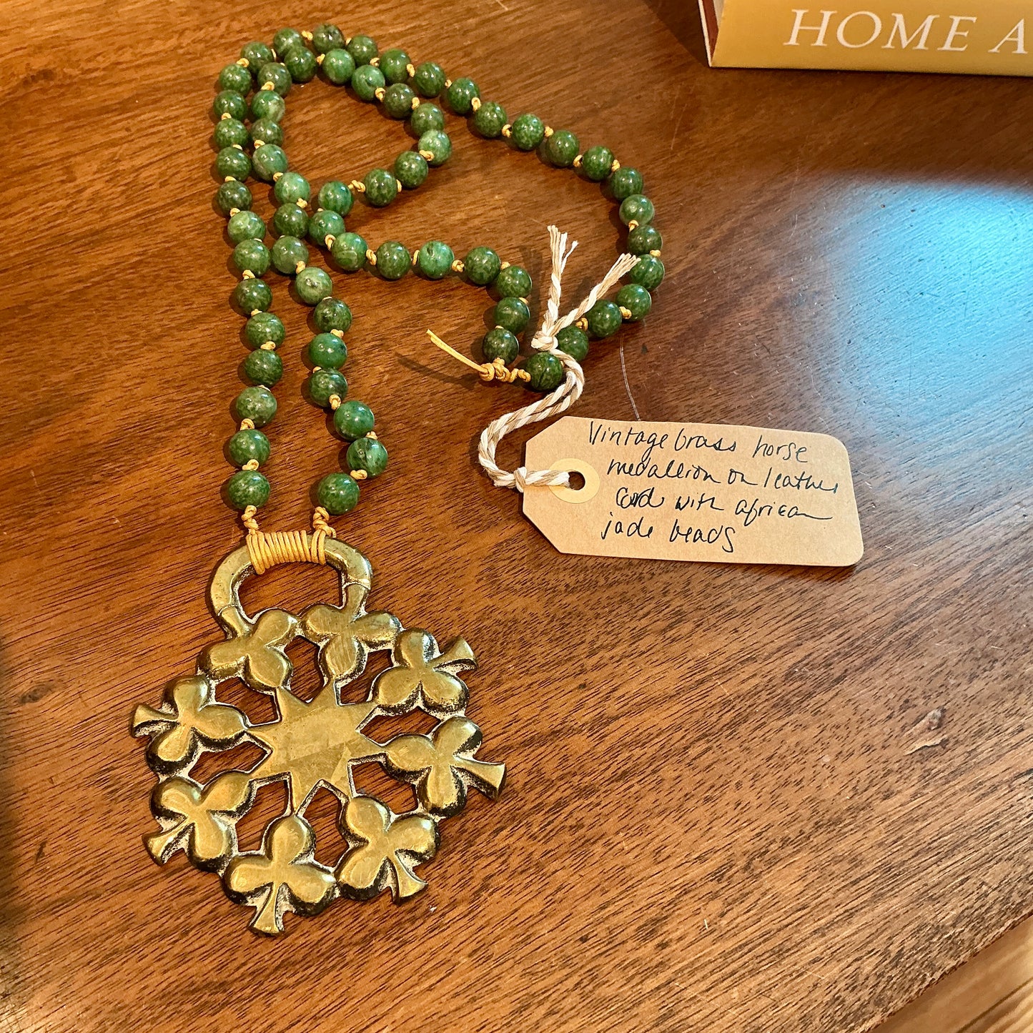 Antique English Horse Brass Clover Medallion Jade Beaded Hand Knotted Necklace