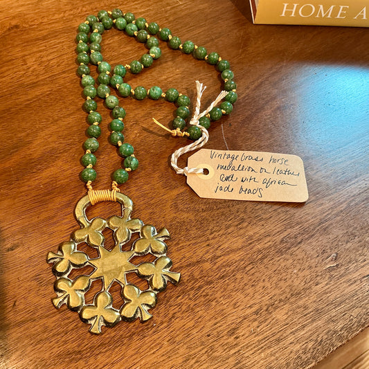 Antique English Horse Brass Clover Medallion Jade Beaded Hand Knotted Necklace