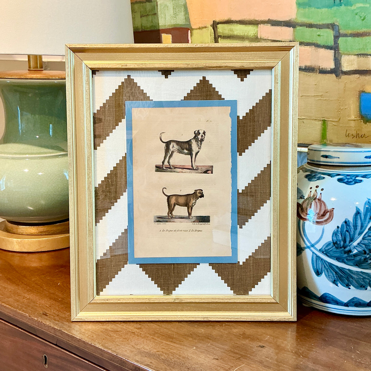 19th Century Mastiff French Bookplate on Jonathan Adler Chevron Fabric in Gold Frame
