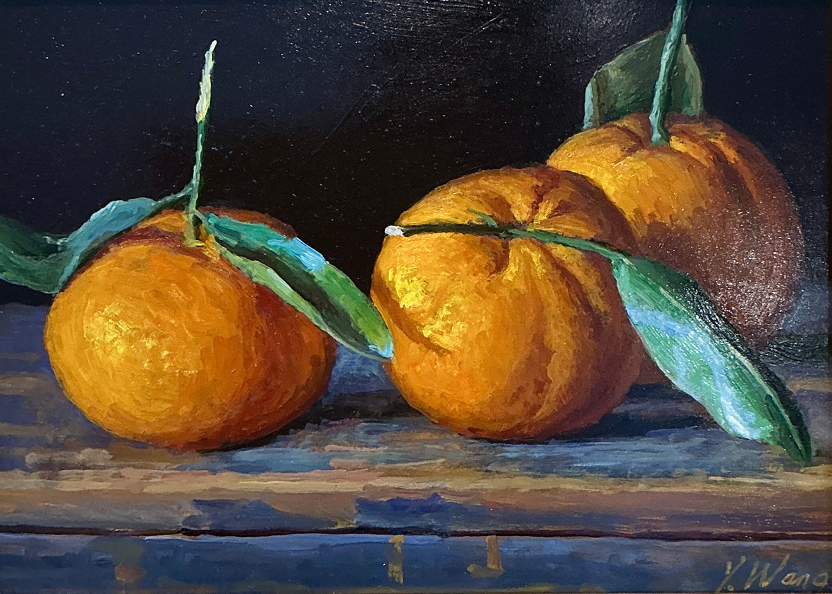 Youqing Wang Clementine Trio Still Life Oil Painting in Gold Frame