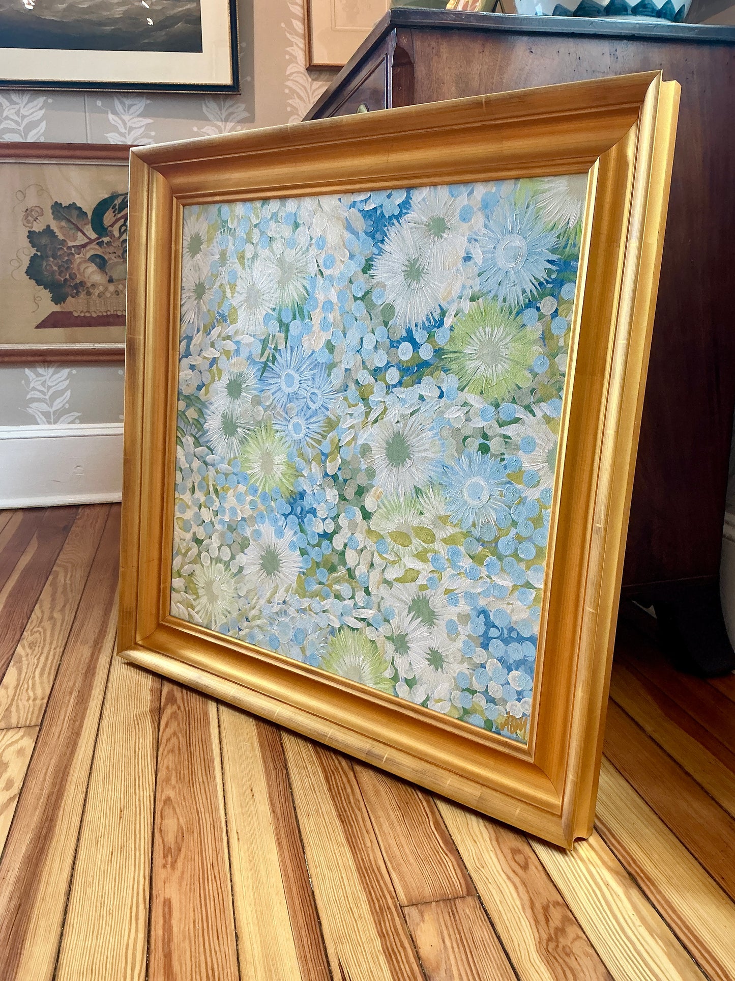 Alison Diamond McElroy Salt Air Garden Abstract Floral Painting in Gold Frame