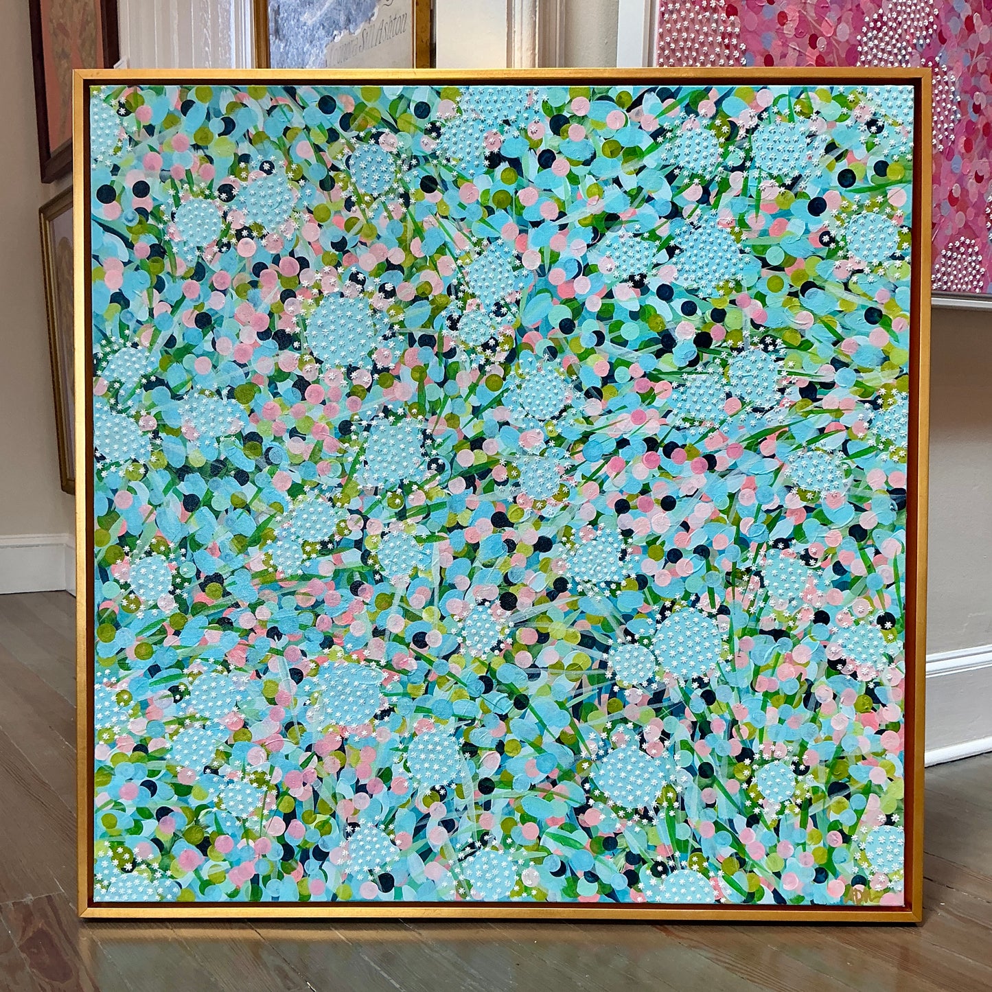 Alison Diamond McElroy Mint Condition Garden Floral Abstract Painting in Gold Floater Frame