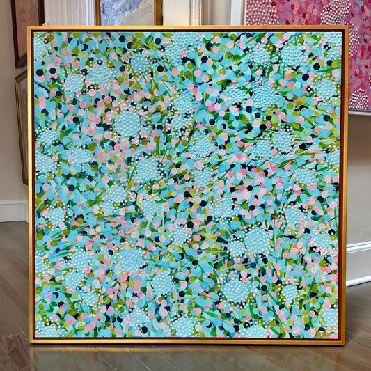 Alison Diamond McElroy Mint Condition Garden Floral Abstract Painting in Gold Floater Frame