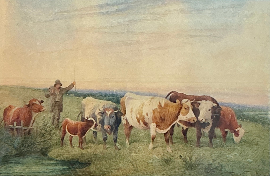 Frederick E. Valter 19th Century Cows In Pasture Landscape Watercolor Painting in Gold Frame