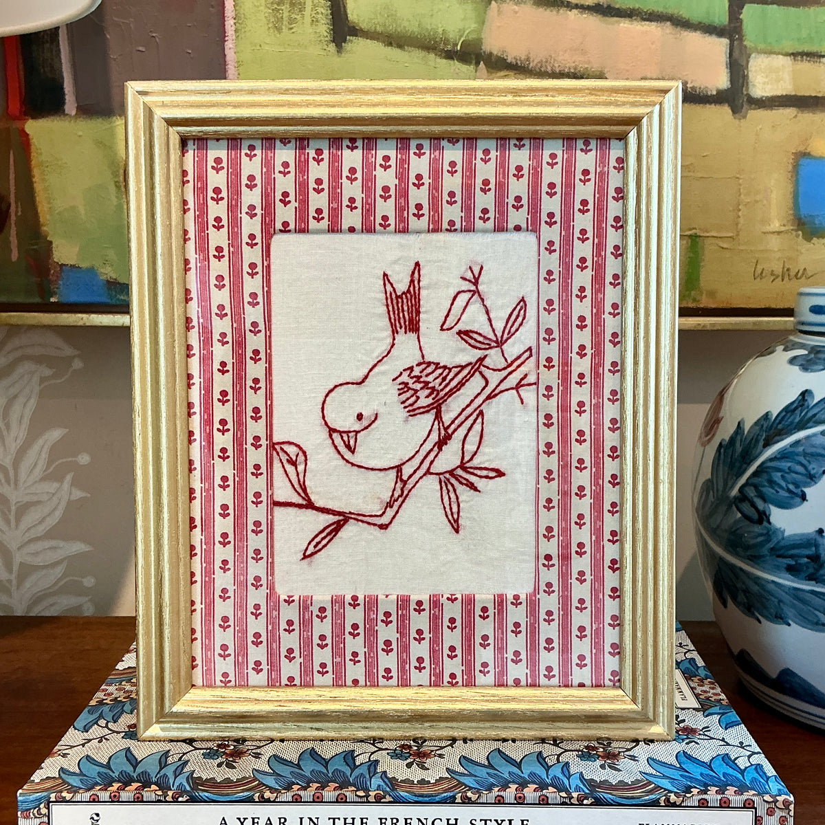 Antique Redwork Bird On Branch Embroidery in Pink Floral Brunschwig & Fils Wrapped Mat in Gold Frame