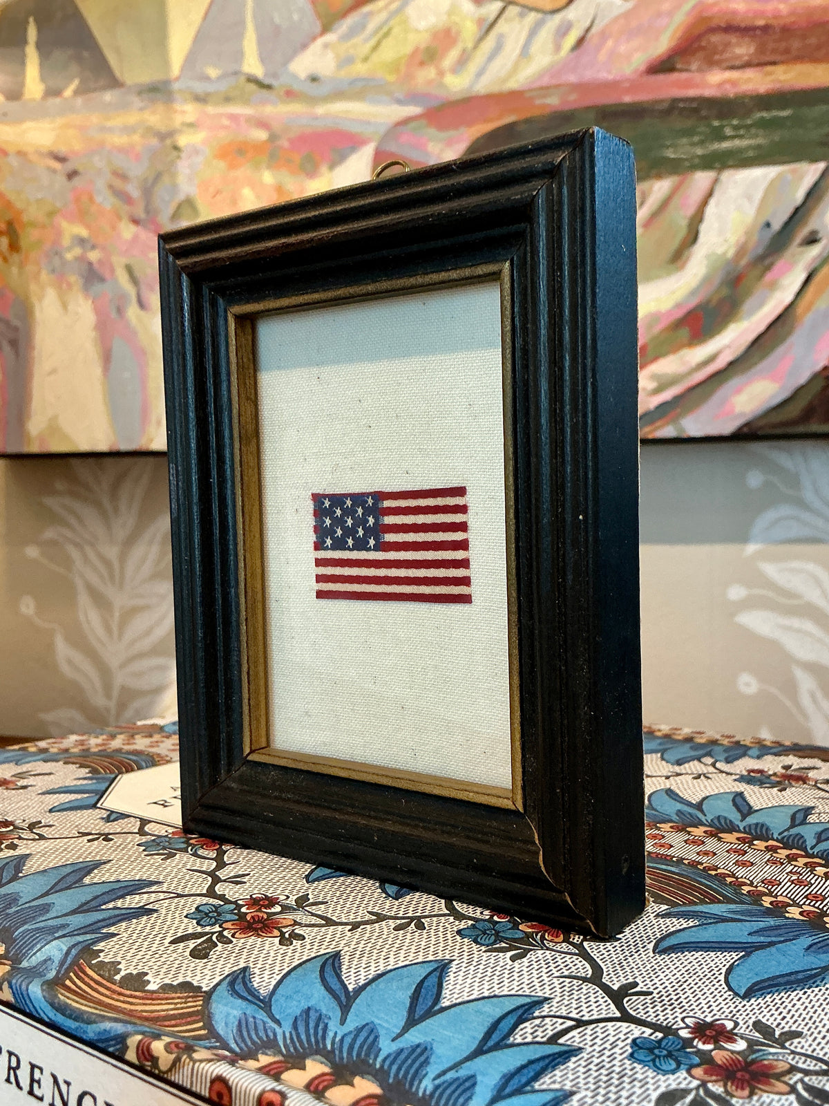 Antique Silk 13 Star American Flag on Ivory Muslin in Black Frame with Gilded Liner