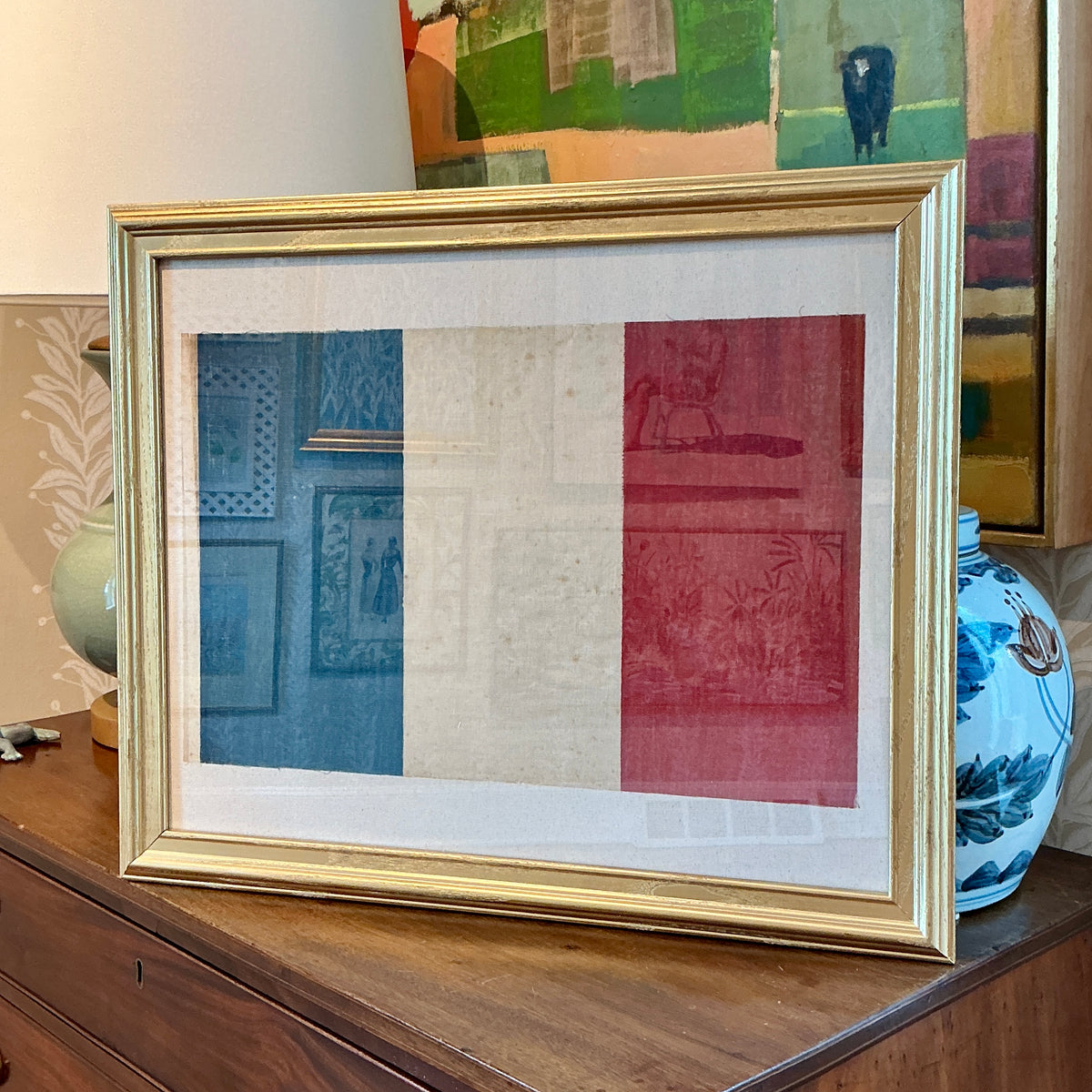 Antique Muslin French Flag on Ivory Duck Cloth in Gold Frame