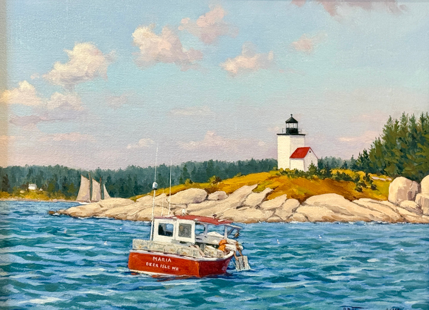 Anthony R. Thompson Deer Isle Lighthouse Lobster Boat Coastal Landscape Oil Painting in Gold Frame