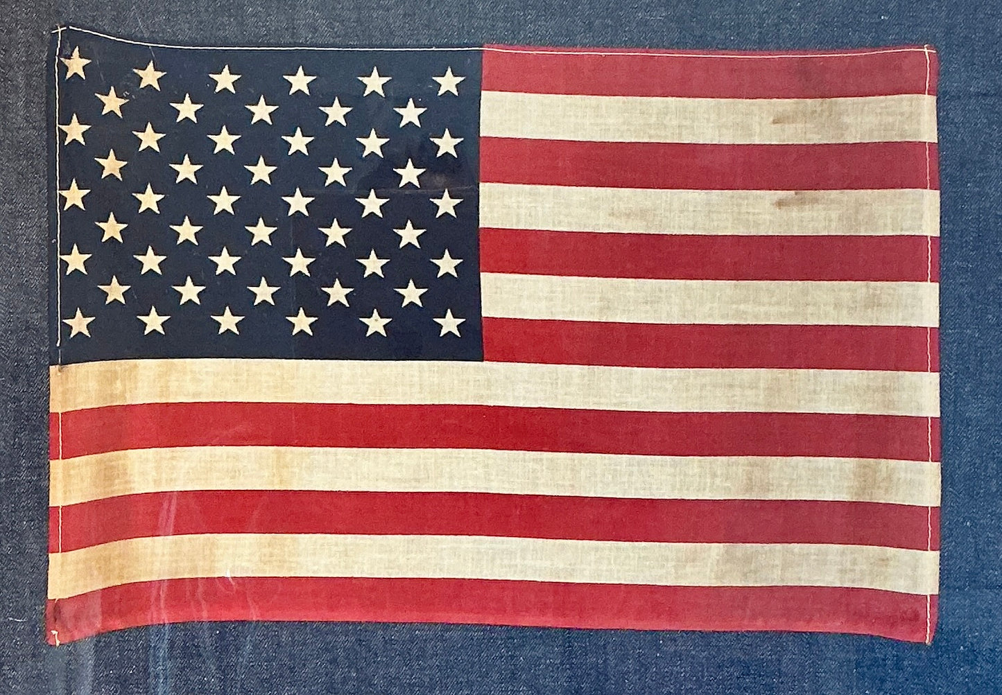 Vintage 50 Star American Flag on Dark Chambray in Antique Oak Frame
