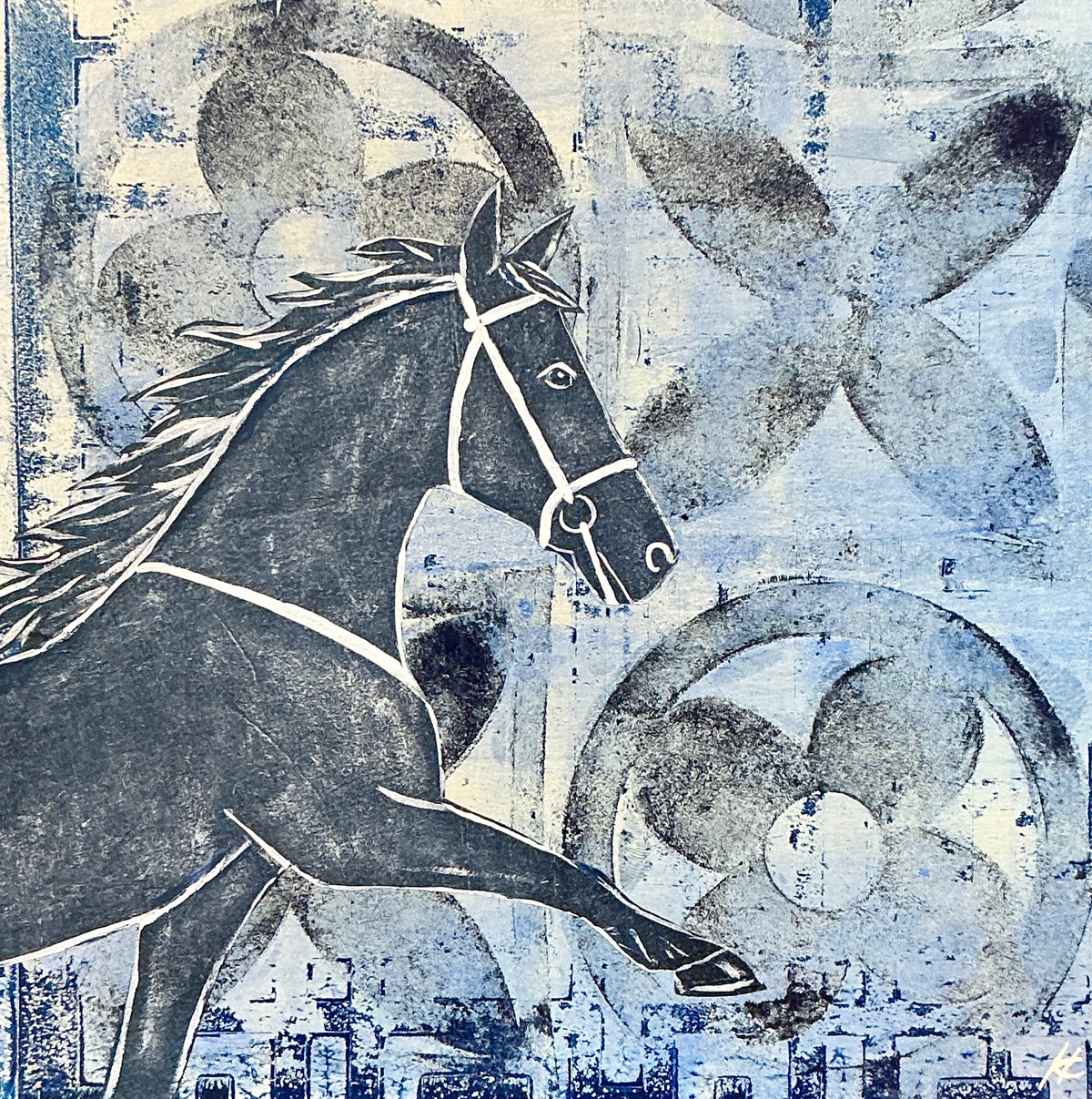 Heather Carey Blue Heritage Horse Portrait Mixed Media in Gold Frame